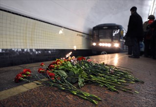 Moscow, russia, march 30, 2010, flowers are left in the memory of the victims of a bomb explosion at lubyanka metro station, blasts rocked two stations on sokolnicheskaya line of the moscow undergroun...