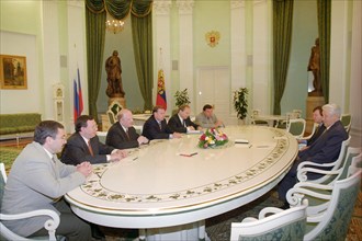 Moscow, russia, september 15, 1997, president of russia boris yeltsin meets with leading industrialists and bankers in the kremlin, mikhail khodorkovsky, vladimir gusinsky, alexander smolensky, vladim...
