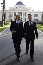 Moscow region, russia, october 1, 2010, president of russia dmitry medvedev (r) and prime minister vladimir putin hold a meeting at gorki residence.
