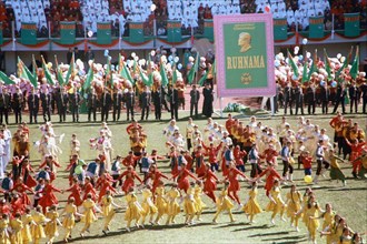 A theatrical performance at the olympic stadium in ashgabat celebrating the national flag day established in 1995 and the birthday of saparmurat niyazov 'turkmenbashi' president of turkmenistan who tu...