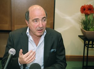 Russian self-exiled tycoon boris berezovsky (r) is giving press-conference in the hotel ridzene in riga where he has arrived today, riga, latvia, february 25, 2005.