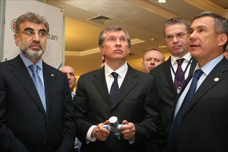 Kazan, russia, march 4, 2011, turkish energy minister taner yildiz, russian vice-prime minister igor sechin, and the head of tatarstan's regional government, rustam minnikhanov (l-r front) at the 11th...