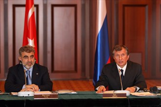 Kazan, russia, march 4, 2011, turkish energy minister taner yildiz (l) and russian vice-prime minister igor sechin during the signing ceremony at the 11th meeting of the russian-turkish interstate com...