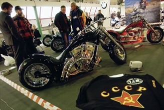 An exclusive motorcycle built on the basis of harley davidson is displayed at the moscow international 'motosalon-2005' that was opened in krasnaya presnya, march 10, 2005.