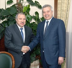 Moscow, russia, april 22, 2011, rosneft chairman eduard khudainatov and president of lukoil vagit alekperov (l-r) have signed a deal for joint exploration and production offshore.