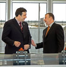 Azerbaijan, may 25, 2005, georgian president mikhail saakashvili and azerbaijani president ilham aliev attend an inauguration ceremony of the azerbaijani section of the baku-tbilisi-ceyhan internation...