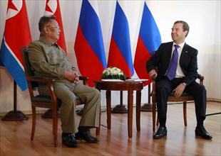 Ulan-ude, russia, august 24, 2011, russia's president dmitry medvedev (r) and kim jong-il (kim jong il), the leader of the democratic people's republic of korea (north korea), the chairman of the nati...