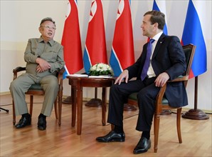 Ulan-ude, russia, august 24, 2011, russia's president dmitry medvedev (r) and kim jong-il (kim jong il), the leader of the democratic people's republic of korea (north korea), the chairman of the nati...