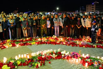 Magnitogorsk, chelyabinsk region, russia, september 9, 2011, flowers and lit candles are placed outside arena metallurg stadium in magnitogorsk to commemorate hc lokomotive yaroslavl team players who ...