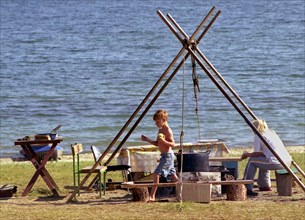 Irkutsk region, russia, august 5, 2005, holidaymakers enjoy leisure on lake baikal.