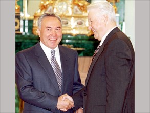 Moscow, russian federation, russian president boris yeltsin receives his visiting kazakh counterpart nursultan nazarbayev