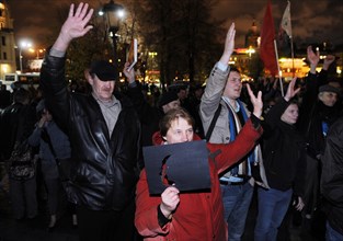 Moscow, russia, october 12, 2011, demonstrators attend an authorised day of wrath protest in triumfalnaya square.