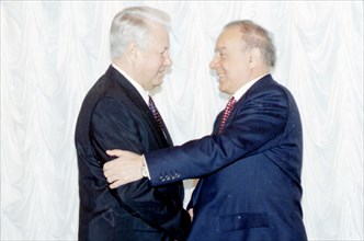 Russian president boris yeltsin and azerbaijani president geidar aliyev greet each other warmly during the meeting in the kremlin jan,18, geidat aliyev arrived in moscow today to take part in the cis ...