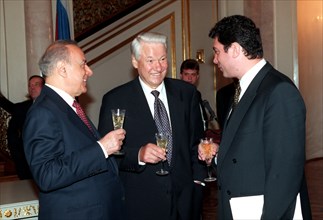 Presidents boris yeltsin of russia /in centre/ and geidar aliyev of azerbaijan /left/ paying an official visit to russia, and first vice-premier of the russian government boris nemtsov are pictured sm...