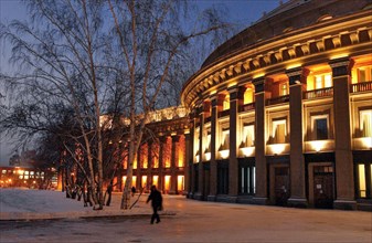 Novosibirsk academic opera and ballet theatre at night, the theatre opens after renovations, russia, december 2005.
