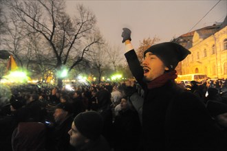 Moscow, russia, december 5, 2011, a young demonstrator chants slogans during an opposition protest in central moscow against alleged vote-rigging in the december 4 parliamentary election.