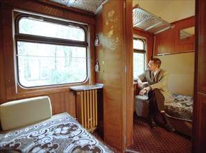 Vologda, russia, september 14, 2002, interior of one of the sleeping cars of 'the orient express' (in pic) that has been completely restored