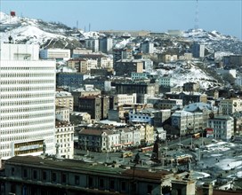 A view of central vladivostok in winter, ussr, 1985.