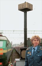 Moscow, russia, july 9, 2001, a symbolic signpost (centre) was installed today, monday, at the yaroslavsky terminal, marking the beginning of trans-siberian railway, and dedicated to its100th annivers...