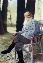 Leo n,tolstoy seen in his family estate called yasnaya polyana in may 1908, this is the only colour photograph of the great writer, one of the first ones in russia, photo was taken by sergei prokudin-...