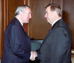 Moscow, russia, september 16,, 1999, russian duma speaker gennady seleznyov (r) pictured shaking hands with irish prime minister bertie ahern prior to their meeting, here on thursday.