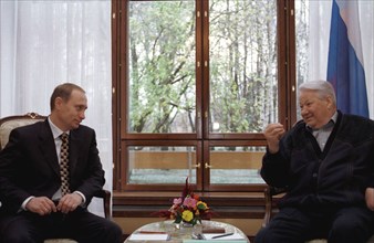 Moscow, russia, october 18, 1999, russian president boris yeltsin /r/ pictured during his meeting with chairman of the government of the russian federation vladimir putin, in the presidential countrys...