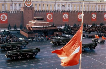 November 7, 1980, intercontinental ballistic missiles during a military parade in red square celebrating the 63rd anniversary of the great october socialist revolution, moscow, ussr.