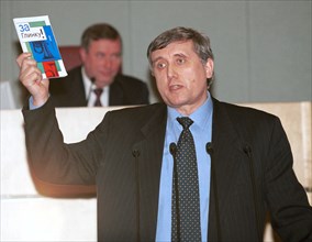 Moscow, russia, march 7, 2001, mp sergei yushenkov of the union of rightist forces proposes his variant of the russian anthem