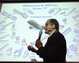 Moscow, russia, april 14, 2006, vladislav tetyukhin, general director of the world's largest titanium producer vsmpo-avisma corporation (verkhnesaldinsk metallurgical conglomerate), speaks before sign...