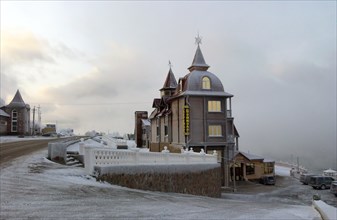 Irkutsk region, russia, december 15, 2006, the baikal hotel on the shore of lake baikal at the settlement of listvyanka.