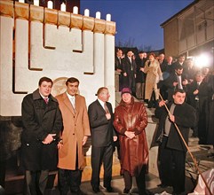 Tbilisi, georgia, december 18, 2006, tbilisi mayor gigi ugulava, georgian president mikhail saakashvili, israeli ambassador to georgia shabtai tsur and president of the georgian national olympic commi...