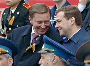 Russian first deputy prime ministers sergei ivanov and dmitry medvedev, l-r, talk at a military parade held in red square, moscow, to mark the 62 anniversary of world war ll victory,  moscow, russia, ...