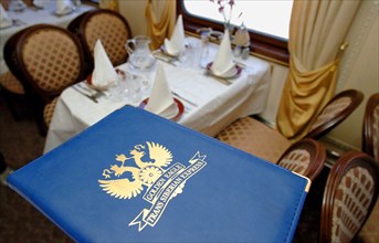 Moscow, russia, june 4, 2007, inside the dining car of the golden eagle express, the new $25 million fully en-suite private train has been launched by long-distance luxury train operator gw travel lim...