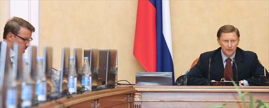 Russian economic development and trade minister german gref  (l) and first deputy prime minister sergei ivanov at a session of the committee on industry, transport and the new technologies, moscow, ru...