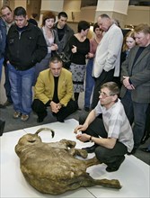 People crowd round the carcass of baby mammoth lyuba, discovered by a reindeer herder, yuri khudi (unseen), near the town of salekhard, north russia, the geological age of the find is 37,000 years, ru...