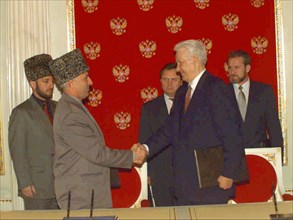 A treaty on peace and principles of mutual relations between the russian federation and the chechen republic of ichkeria has been signed today, on may 12, 1997 by president boris yeltsin and chechen l...
