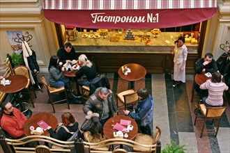 The cafe located in front of the entrance to the grocery store gastronom no, 1 opened at the state department store (gum) in red square, moscow, russia, february 2008.