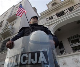 Police officers guarding the us embassy in belgrade, serbia, february 25, 2008.