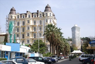 A new hotel in the ordzhonikidze street and new apartment house premyer in the kubanskaya street (l-r), sochi, russia, april 2008.