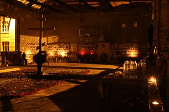 North ossetia, russia, september 3 2008, former school no1 gym, candle-lit at night, the scene of the 2004 beslan school siege.