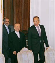 Iran's foreign minister manouchehr mottaki and his russian counterpart sergei lavrov (l-r) appear at a meeting, moscow, russia, september 12, 2008.