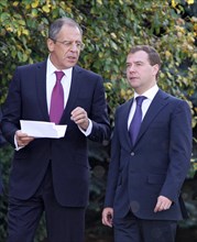 Russian president dmitry medvedev (r) and foreign minister sergei lavrov prior to a session of the 2008 summit of the eurasian economic community in bishkek, kyrgyzstan, october 10, 2008.