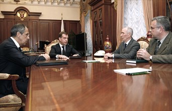 Russian foreign minister sergei lavrov, russian president dmitry medvedev, and newly-appointed ambassadors to south ossetia and abkhazia, elbrus kargiyev and semyon grigoryev, respectively, (l to r) d...
