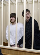 Dzhabrail makhmudov and ibragim makhmudov (l-r), accused of murdering anna politkovskaya, novaya gazeta columnist, appear at the hearing of moscow district military court, moscow, russia, december 2, ...