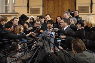 Lawyer of dzhabrail makhmudov, murat musayev (c) appears after the verdict, suspects of the murder of investigative journalist anna politkovskaya, have been acquitted by moscow district military court...