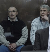 Moscow, russia, march 3, 2009, former yukos head mikhail khodorkovsky (l), and former head of menatep group, platon lebedev, appear at moscow's khamovniki district court on new charges of embezzlement...
