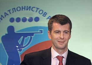 Moscow, russia, april 24, 2009, president of the russian biathlon union (rbu) mikhail prokhorov appears at a news conference after he was elected rbu's board chairman.