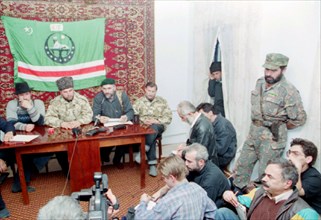 Chechen republic, dudayev's field commanders /left to right/ akhmed zakayev, commander of south-west front of chechen resistant forces uslan gelayev, chief of head quaters of south-west front isa asta...
