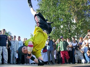 A break-dancer performs at the all-russian charity campaign against drug abuse and aids under the aegis of unicef, that is currently under way in kaliningrad, its goal is to promote healthy life-style...