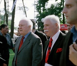 Georgia, august 21, 2003, georgian president eduard shevardnadze (l) and well-known businessman badri patarkatsishvili (r) signed documents on the beginning of construction a health resort 'imedis kal...